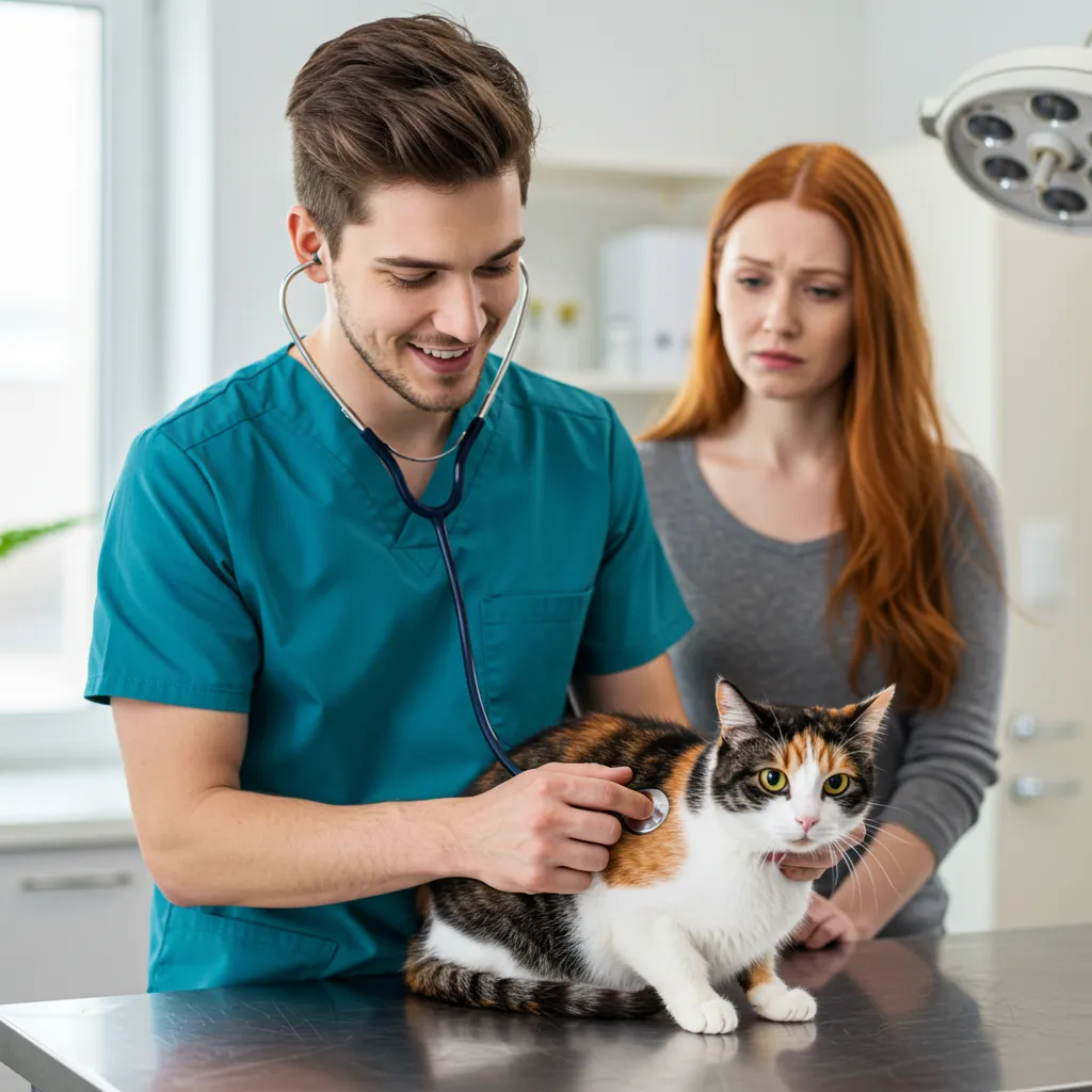 Veterinarian checking an overweight cat for medical reasons for weight gain