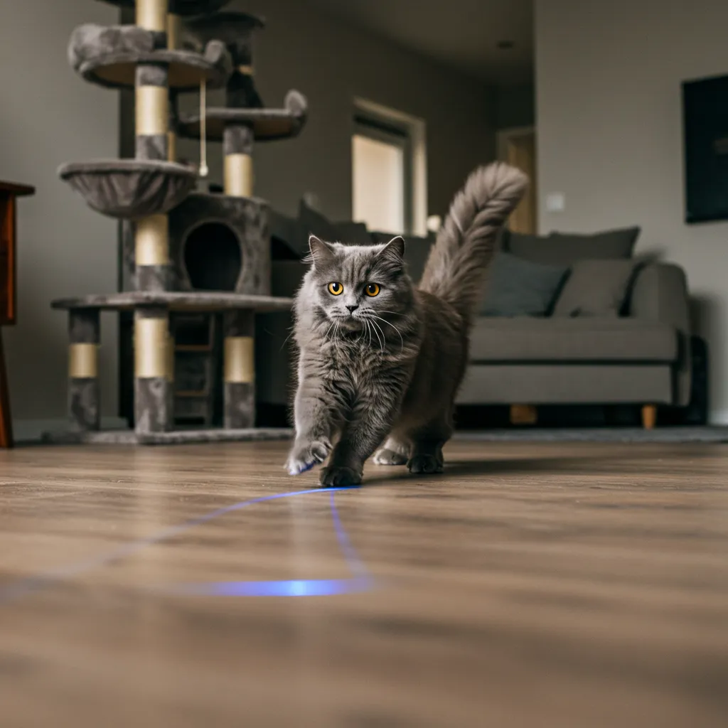 Cat playing with a laser pointer, engaging in indoor cat exercise ideas.