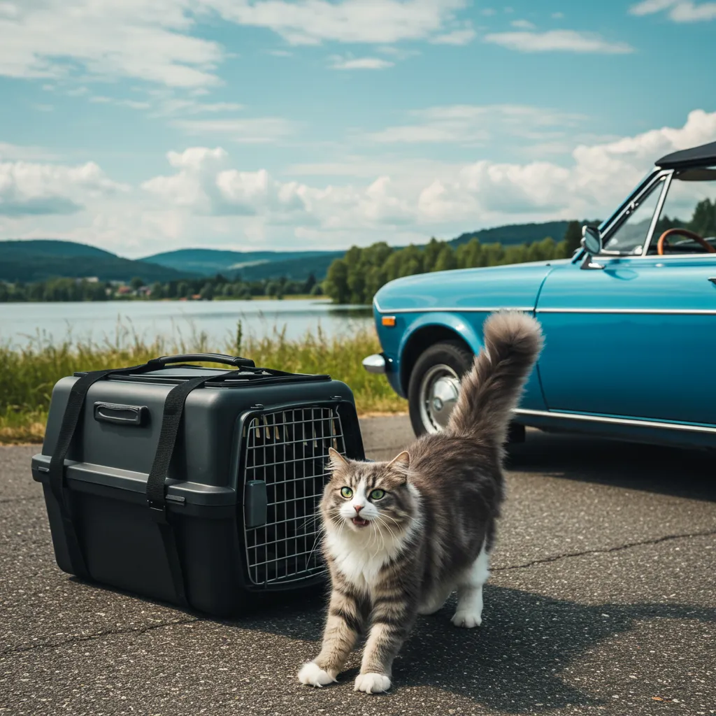 Cat stretching outside carrier during road trip break.