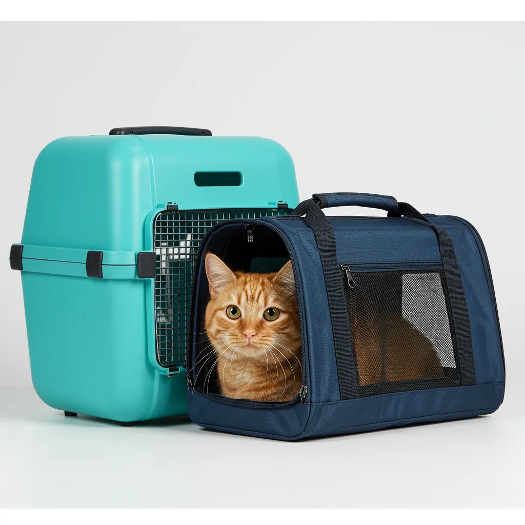 Hard-sided and soft-sided cat carriers with a curious cat.