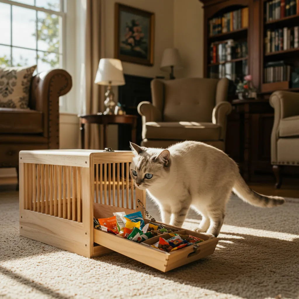 Cat exploring open carrier with treats inside.