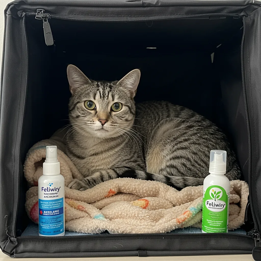 Calm cat in a covered carrier with calming aids.