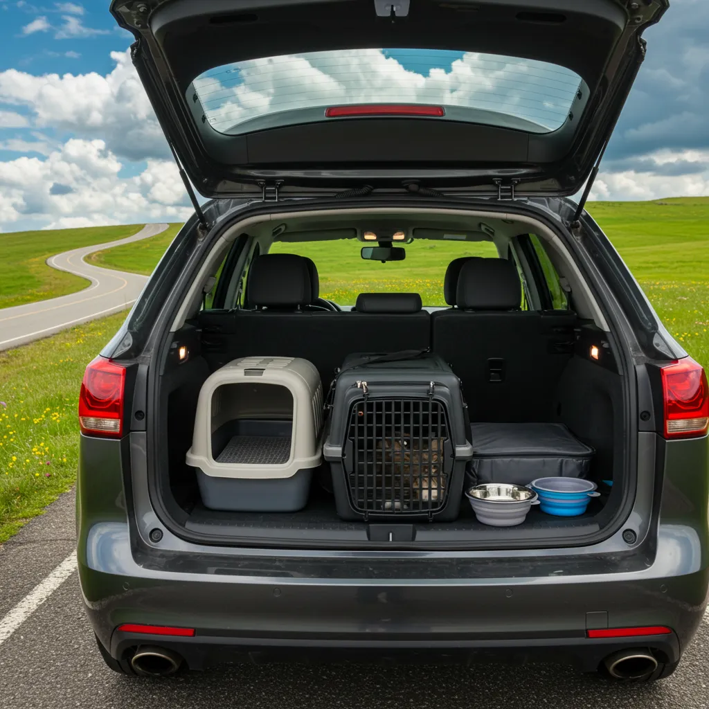Cat travel essentials packed in a car for a road trip.