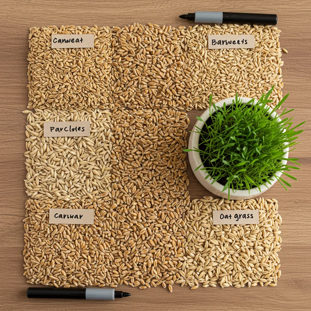 Organic cat grass seeds (wheat, barley, oats) with a sprouting pot, illustrating cat grass varieties.
