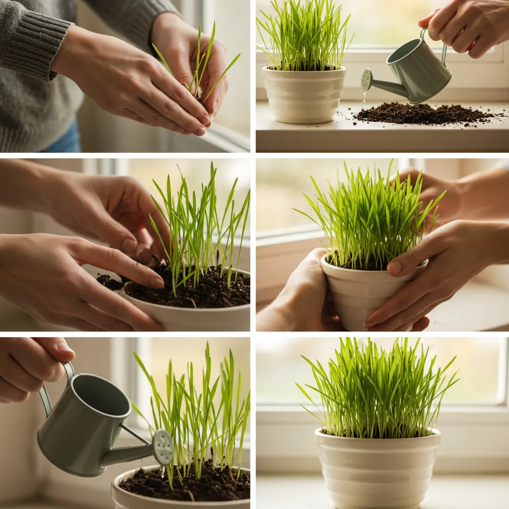 Step-by-step process of planting cat grass seeds in a pot, perfect for indoor cat grass care.