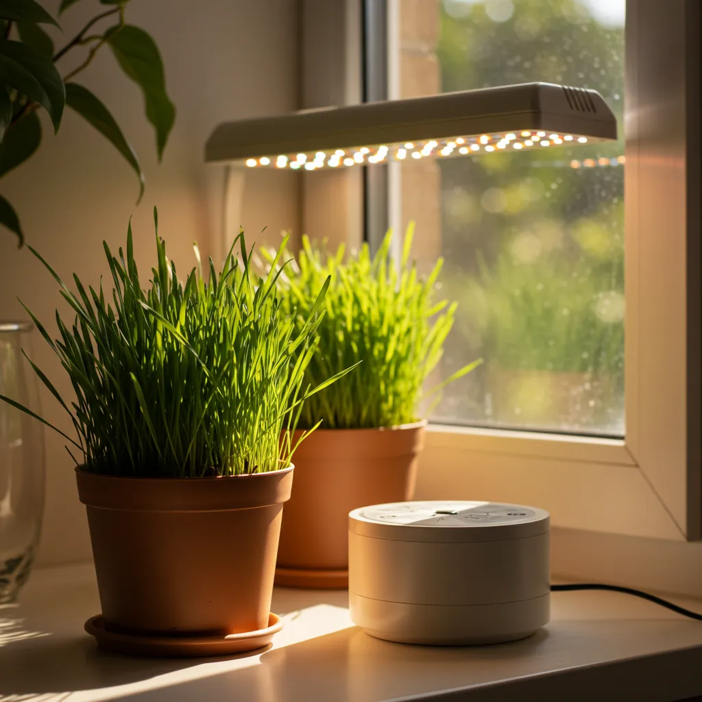  Cat grass pot on a windowsill with indirect sunlight, ideal for indoor cat grass care.