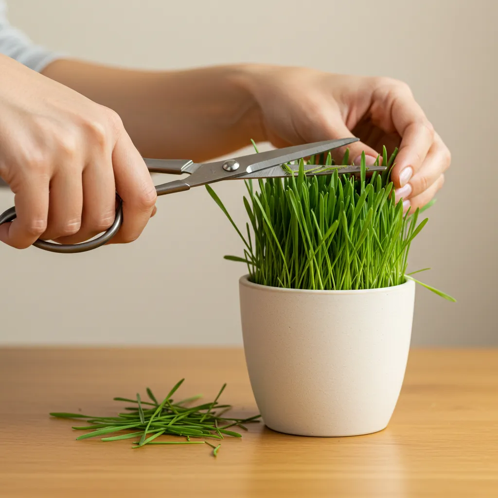 Trimming cat grass with scissors, part of essential cat grass maintenance tips.
