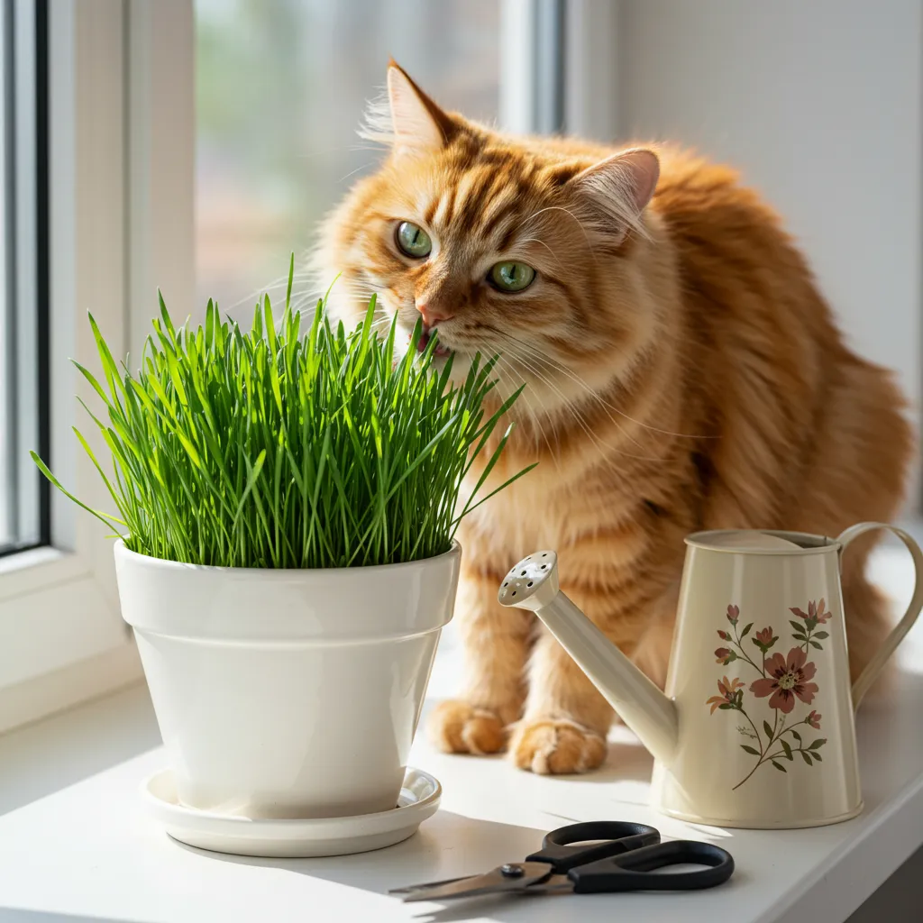 Cat enjoying well-maintained cat grass, highlighting easy cat grass care tips.