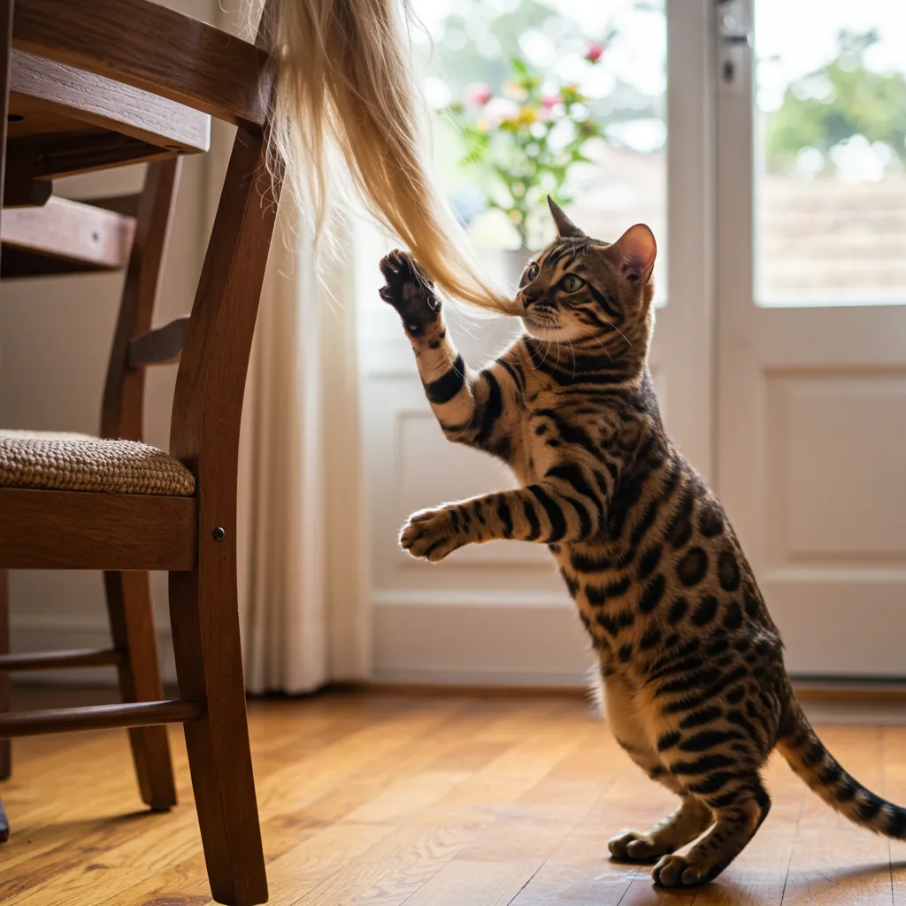  A playful Bengal cat swatting at a strand of long hair hanging over a chair, with a bright, sunny room in the background.