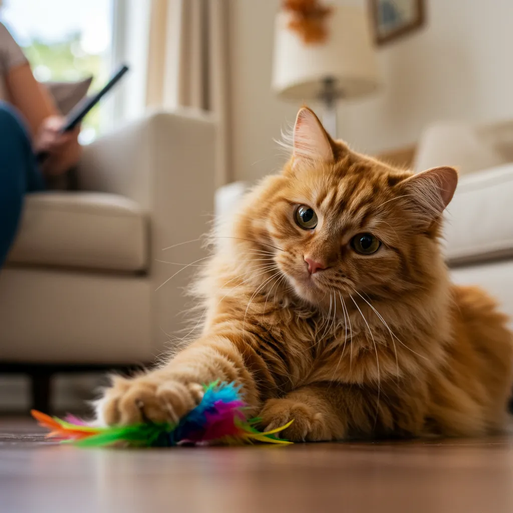 Cat playing with a feather toy to redirect hair-attacking behavior.