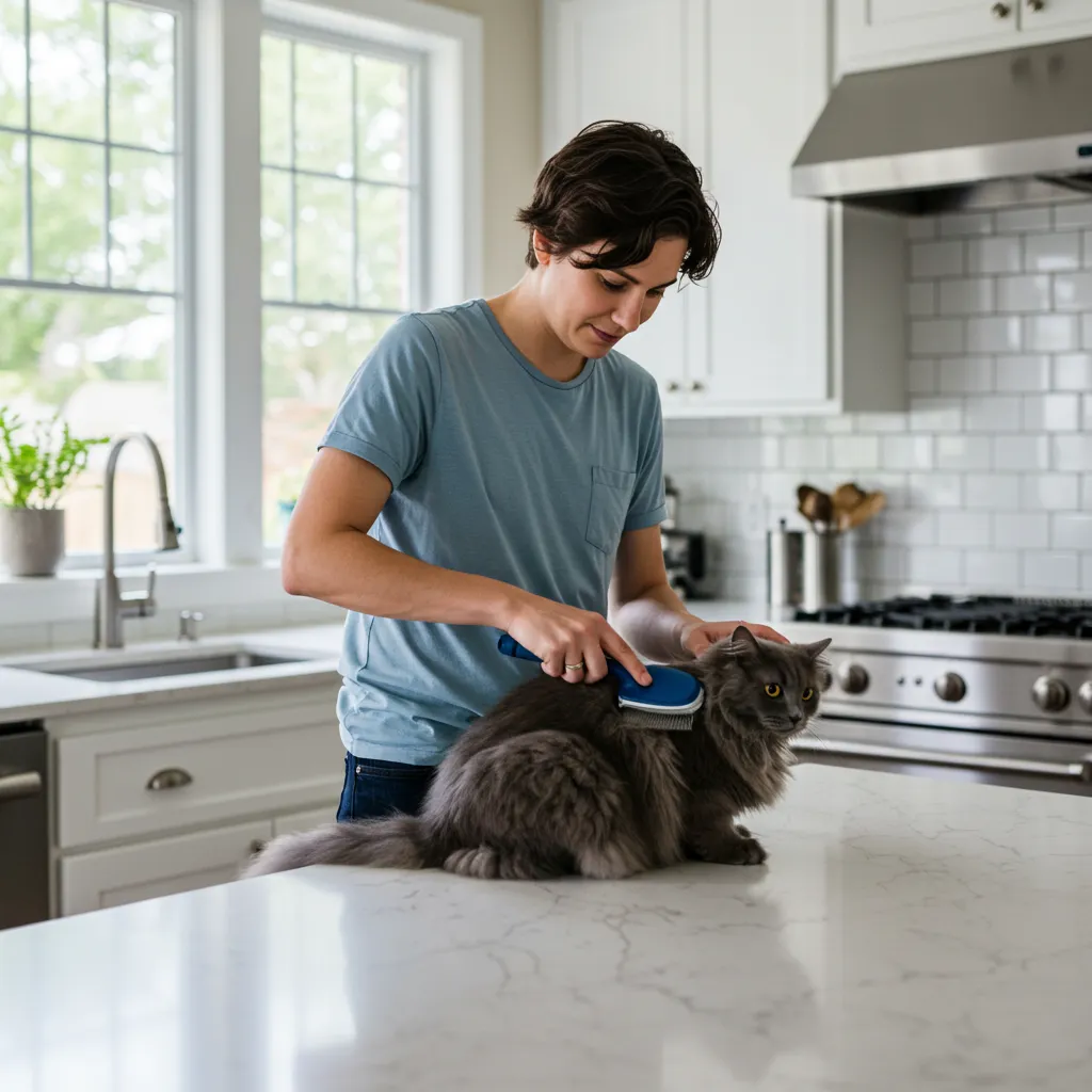 Brushing a cat to reduce hair-chewing behavior with a Furminator