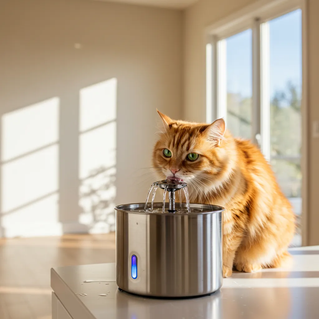  Cat drinking from a pet fountain to prevent hairball issues.