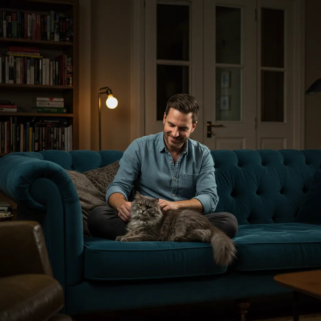  Man petting cat calmly, showing how relaxed behavior builds feline bonds.