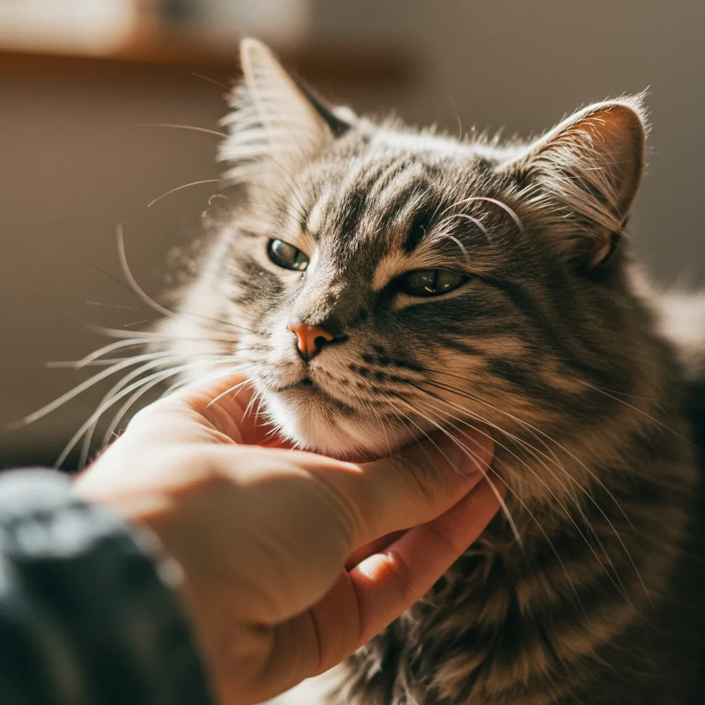 Cat slowly blinks at owner, demonstrating a sign of feline affection.