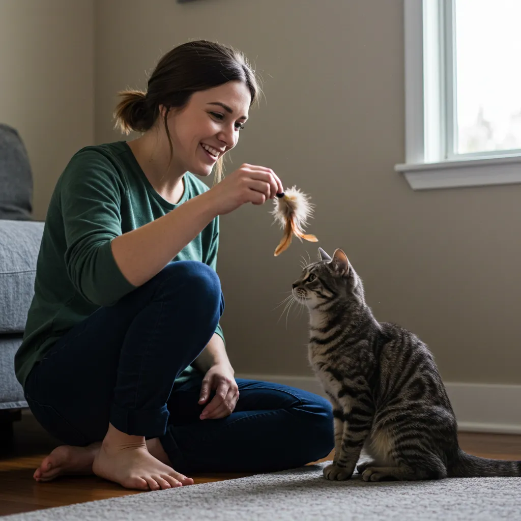 Woman playing with a cat, demonstrating how to make your cat love you.