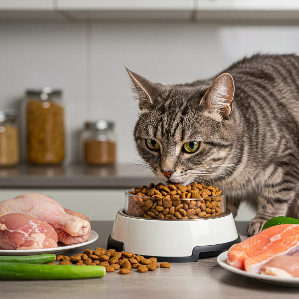 Happy cat eating nutritious cat food with fresh ingredients in a bowl.