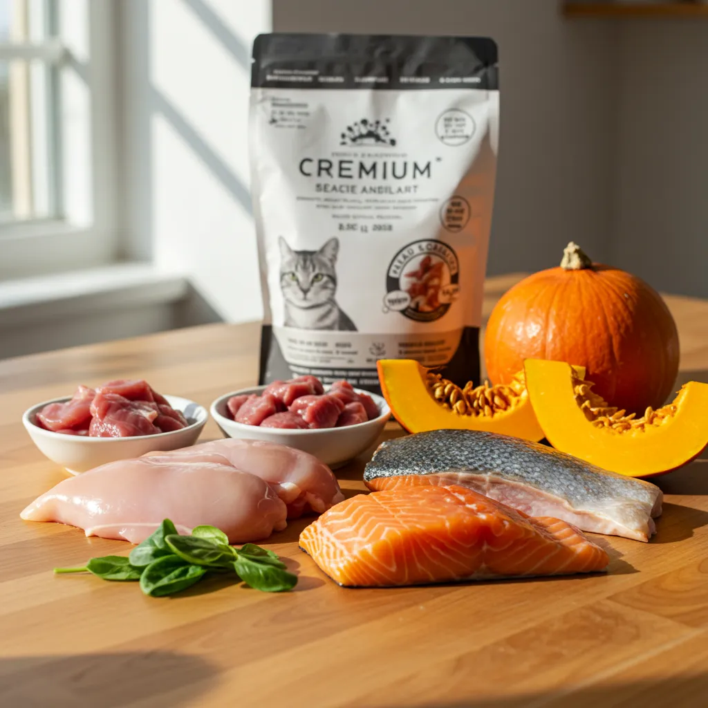 Fresh chicken, salmon, and pumpkin showcasing healthy cat food ingredients.