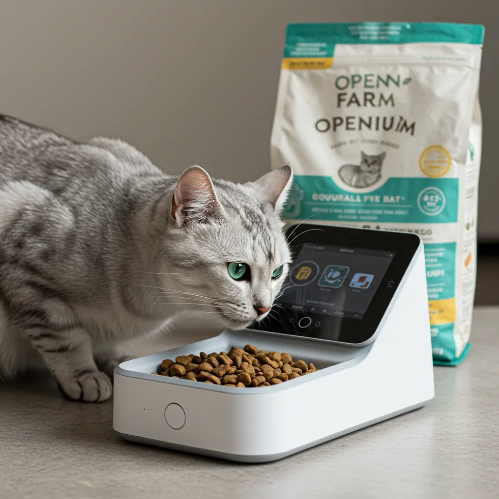 Cat enjoying high-protein dry cat food from a stylish feeder.