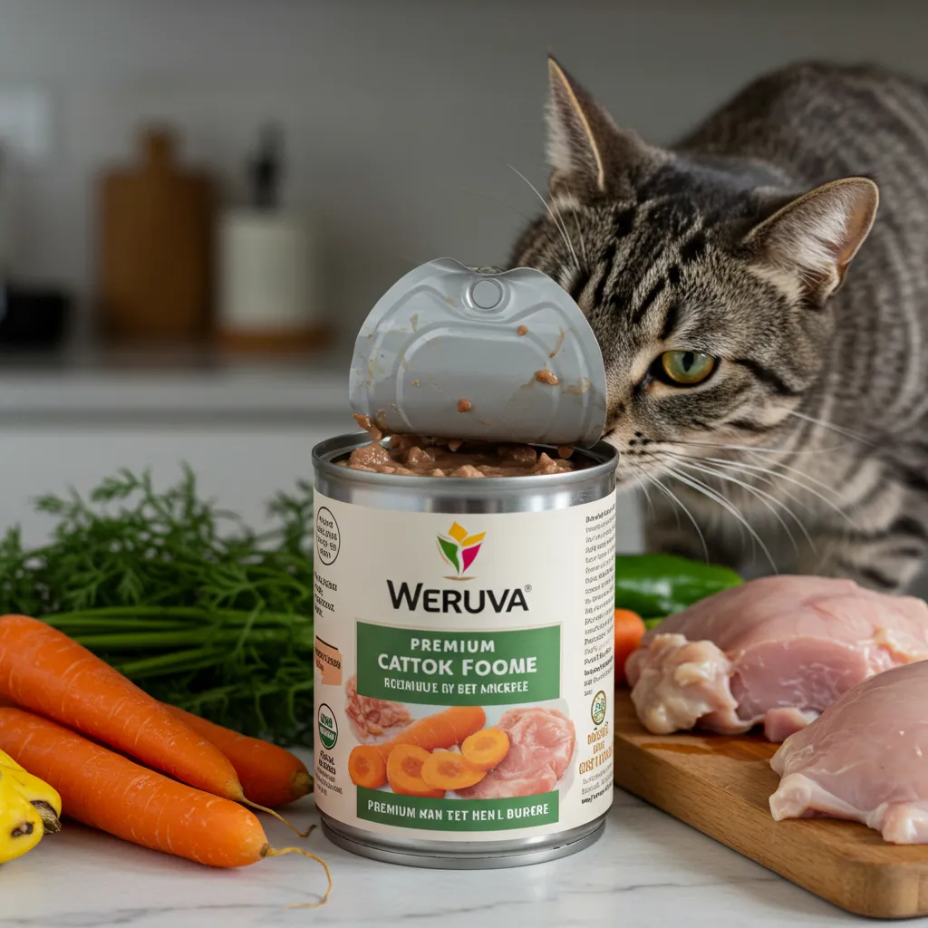 Cat inspecting an open can of organic wet cat food with fresh ingredients.