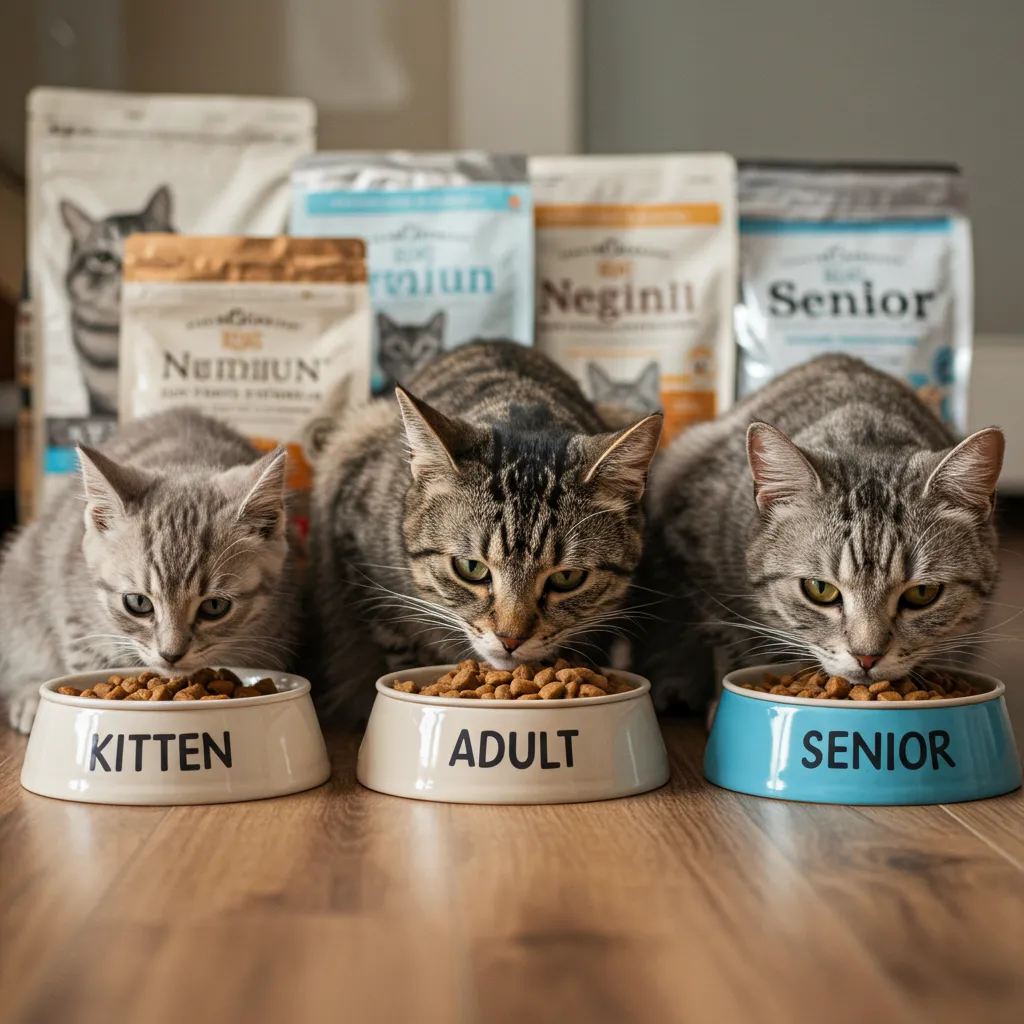 Kitten, adult, and senior cats eating life stage-specific cat food.