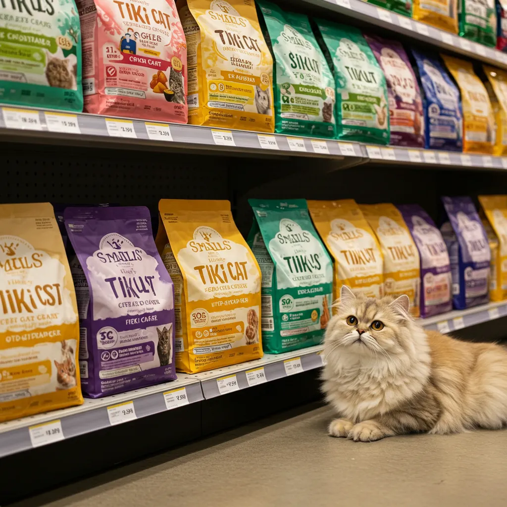  Premium cat food brands on display with a content cat nearby.