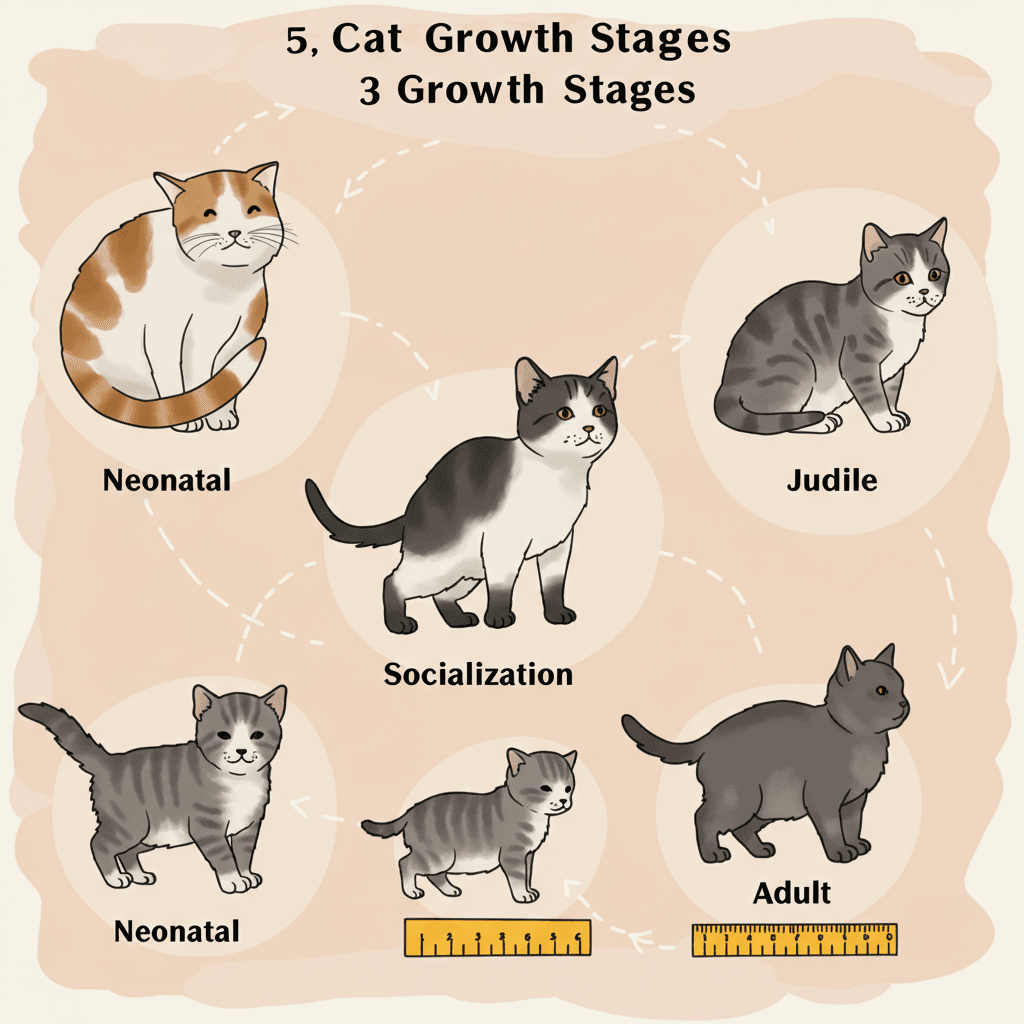 Infographic of cat growth stages from newborn to adult, showing size and tail length progression.