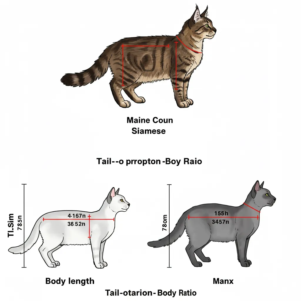 Diagram comparing tail length to body ratios in Maine Coon, Siamese, and Manx cats.