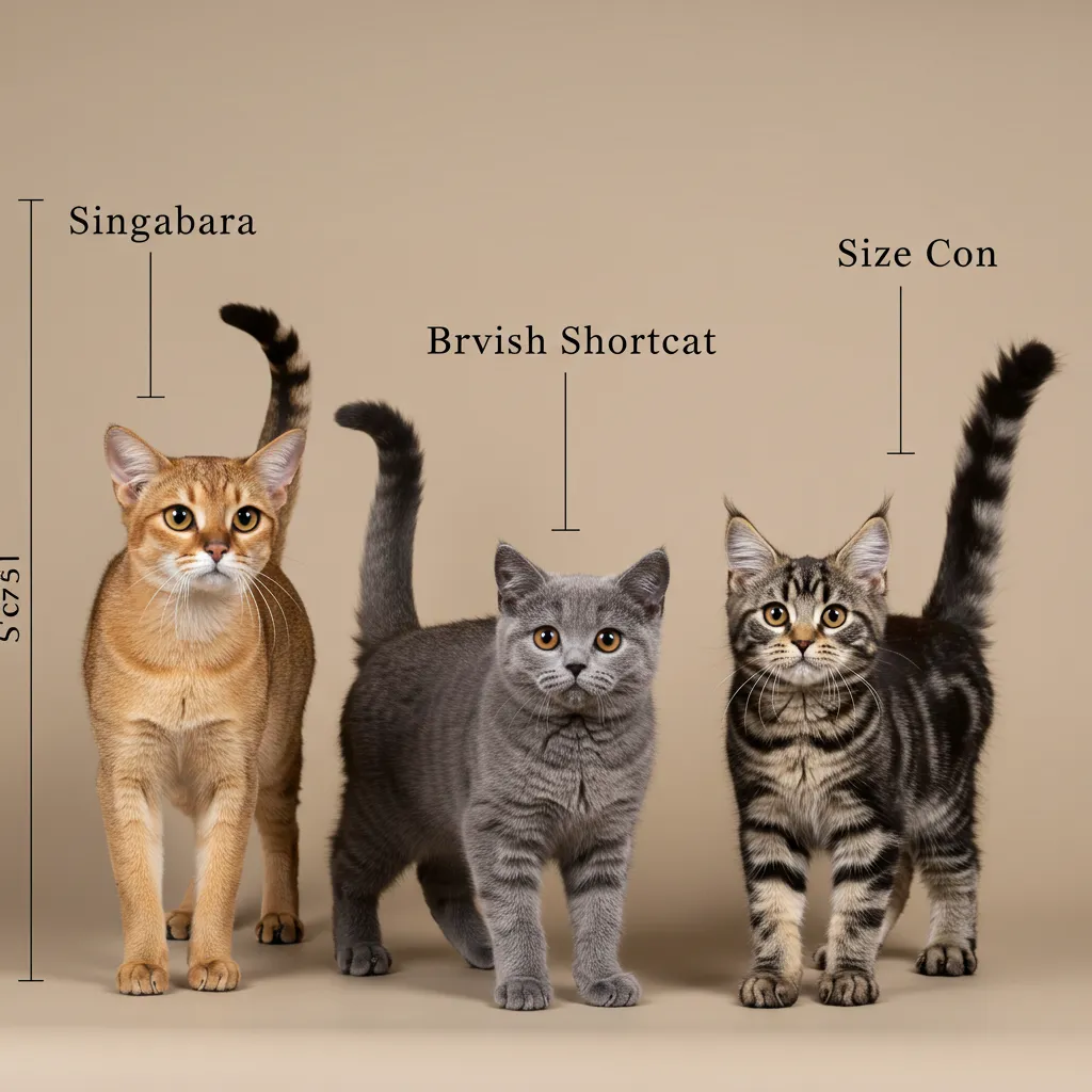 Photo comparing sizes of Singapura, British Shorthair, and Maine Coon cats.