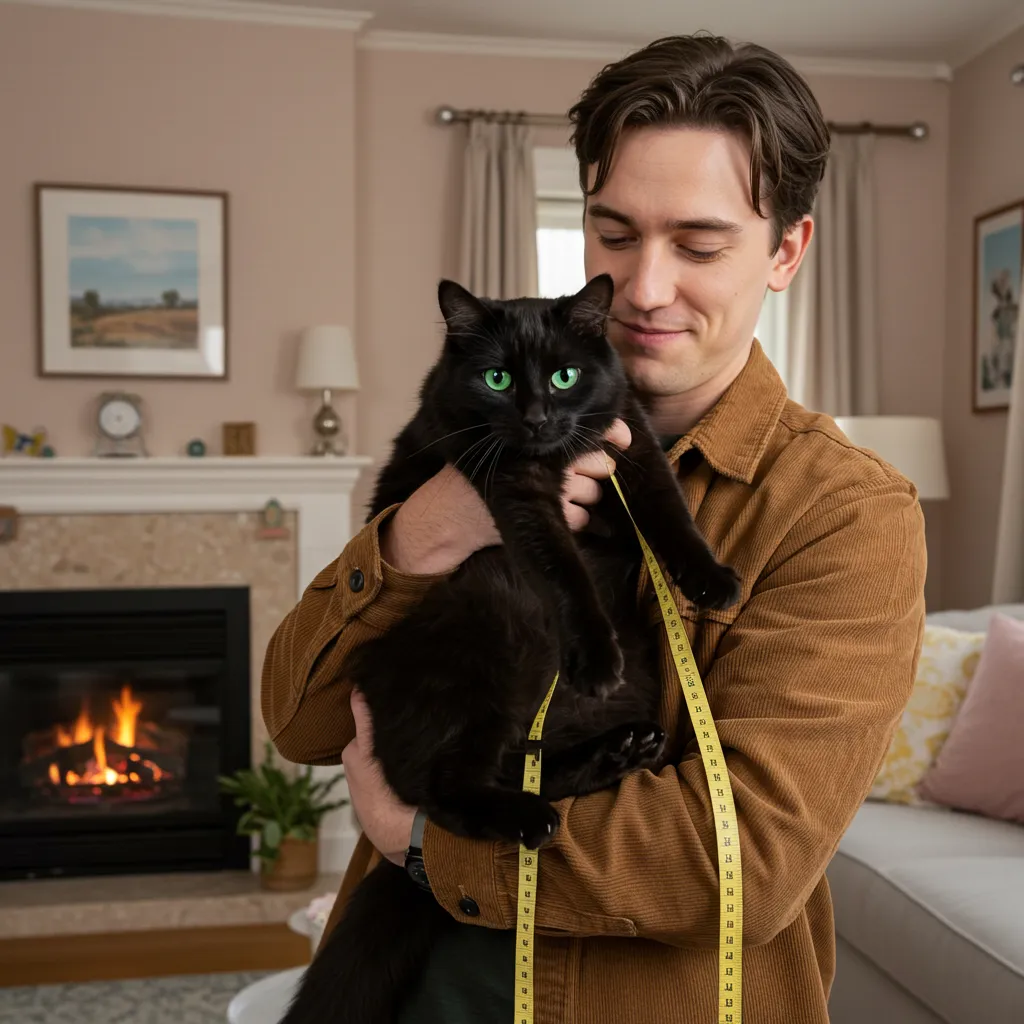  Person holding a grown cat with a measuring tape around its tail, celebrating size prediction success.