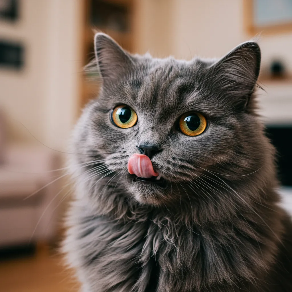 Cat smacking lips, showcasing curious feline behavior in a cozy setting.