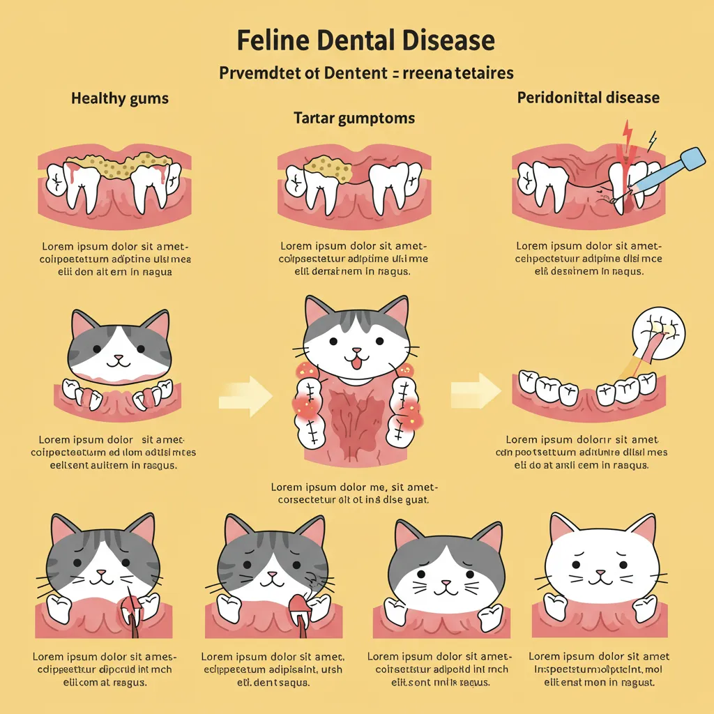  Infographic of cat dental disease stages, highlighting tartar and gum inflammation.