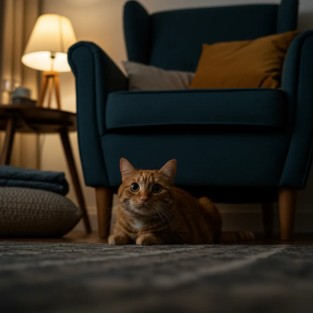 Anxious cat hiding under furniture, displaying stress-related lip-smacking behavior.