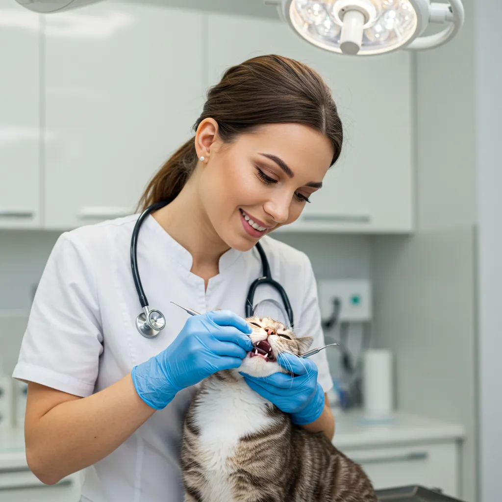 Veterinarian checking a cat’s teeth for dental issues causing lip-smacking.