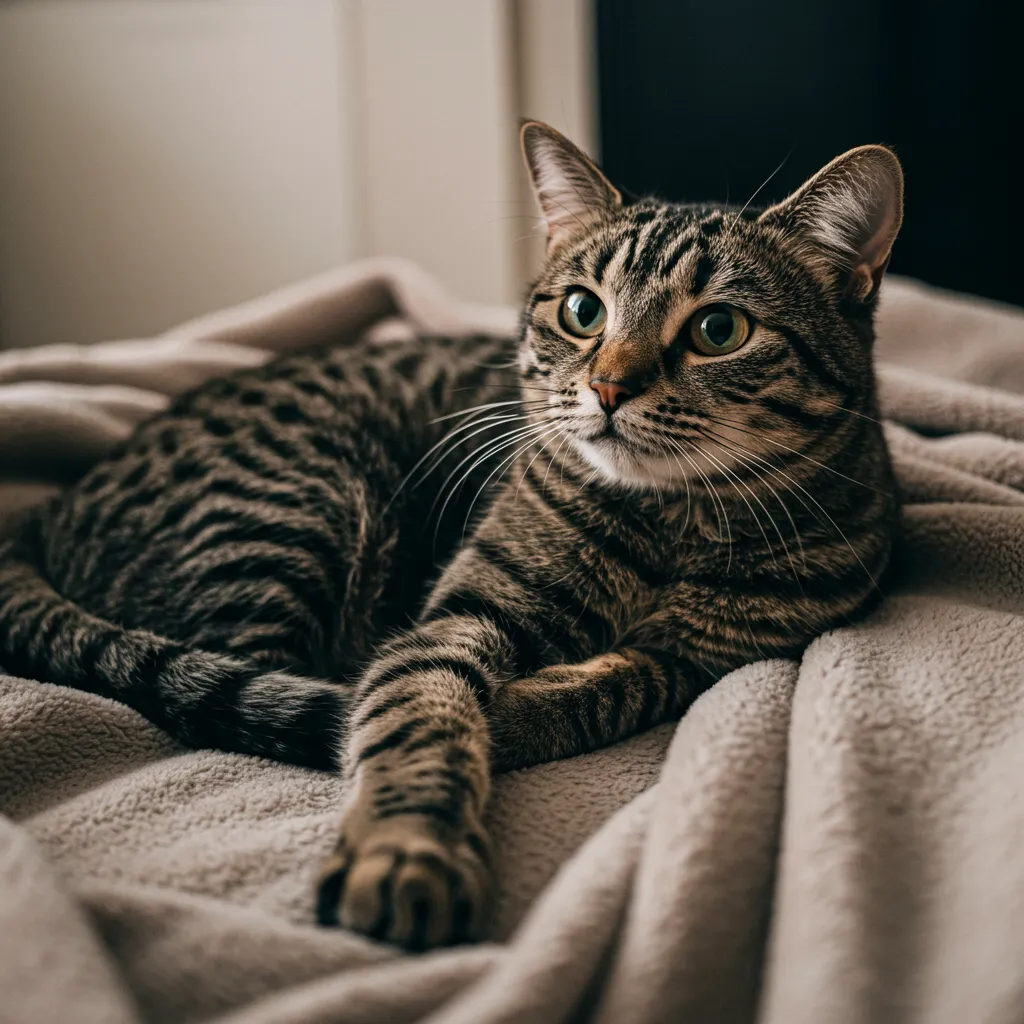  A cat making a vocalization while lying down—could this be a groan of contentment or discomfort?