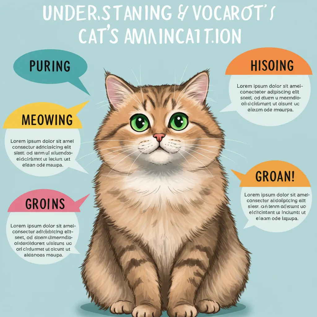 Infographic explaining common cat vocalizations and their meanings, including groaning when lying down.