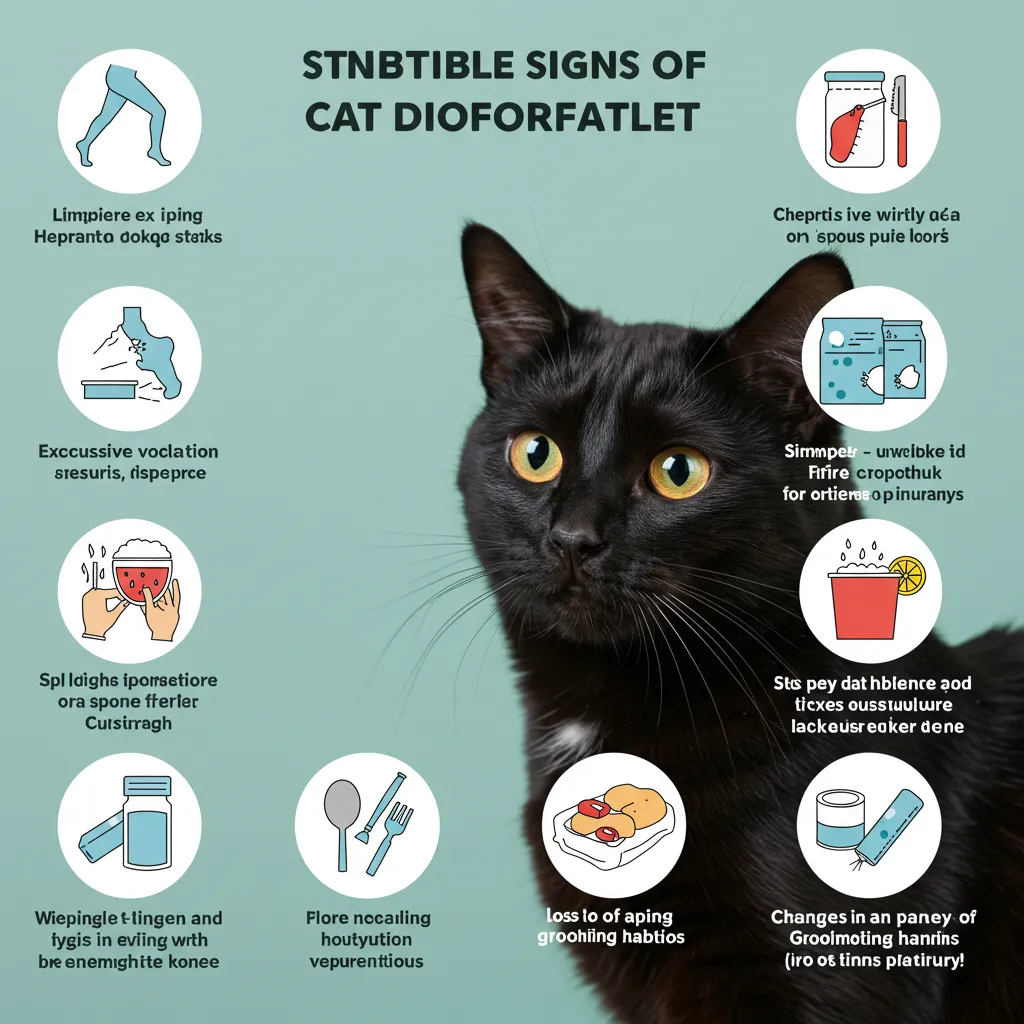 Infographic showing signs your cat may be in pain, including groaning when lying down.