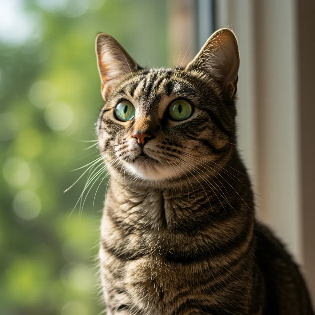 Curious tabby cat on windowsill, representing feline thoughts and emotions.