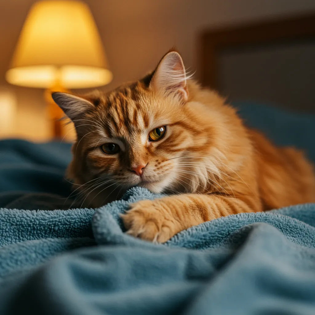 Happy cat kneading blanket, showing contentment and trust.