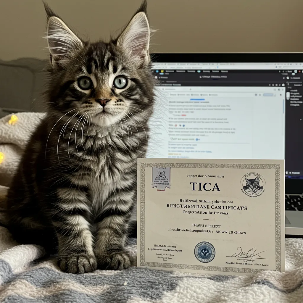 Cat is TICA Registered 1 Maine Coon kitten beside a TICA registration certificate, symbolizing how to check if a cat is TICA registered.
