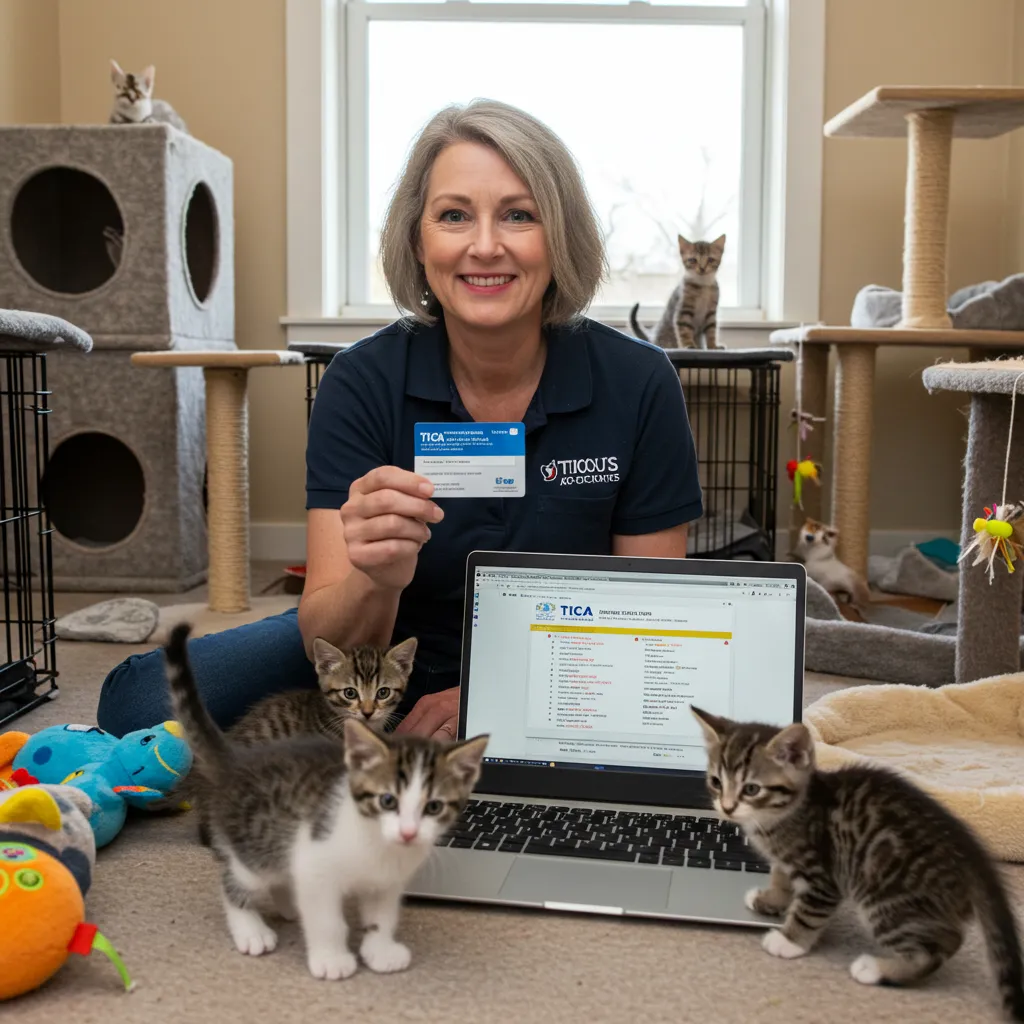 Cat is TICA Registered 5 TICA breeder verification scene with kittens and a membership card, ensuring a trustworthy cattery.