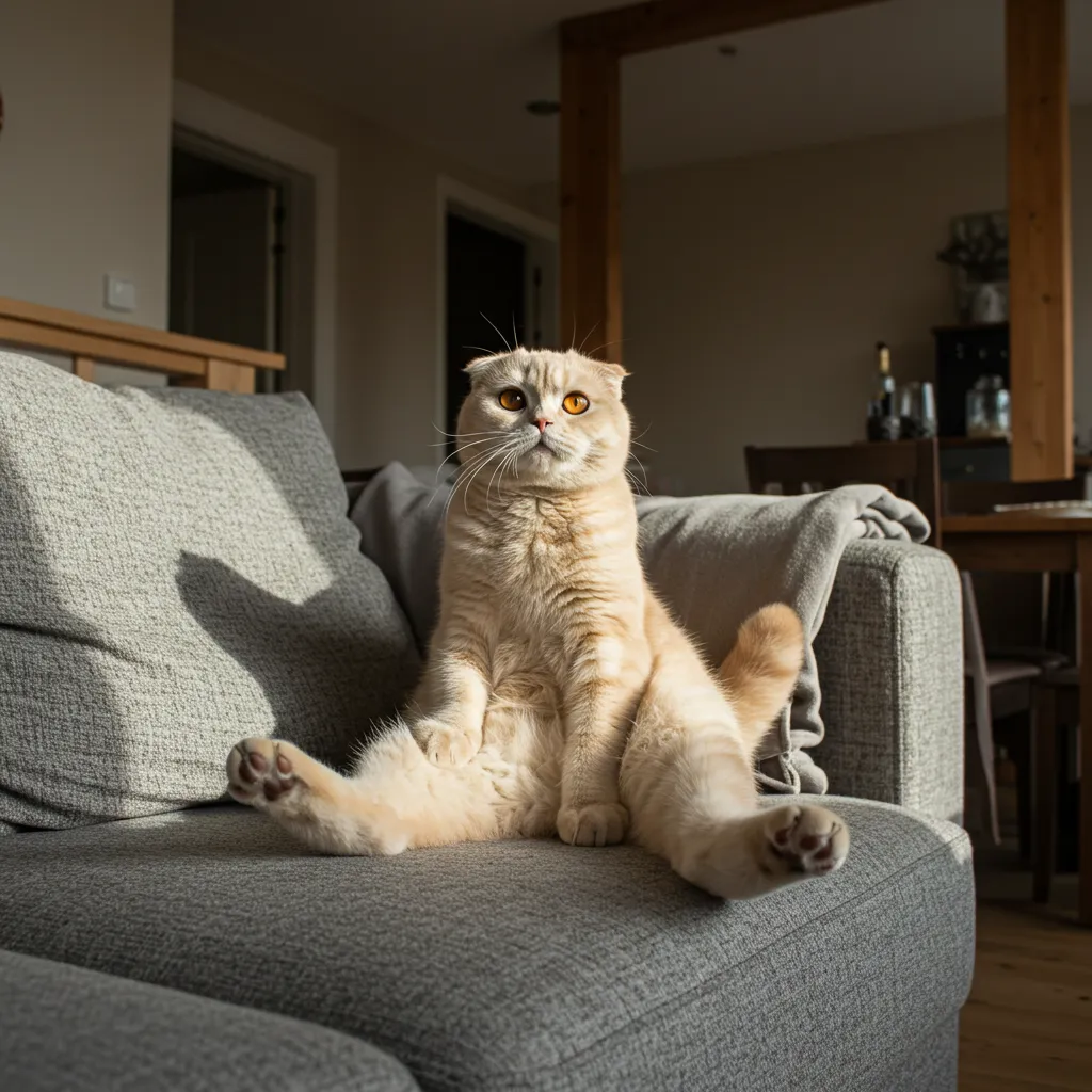  Scottish Fold cat sitting like a human on a couch, showcasing comfort and curiosity.