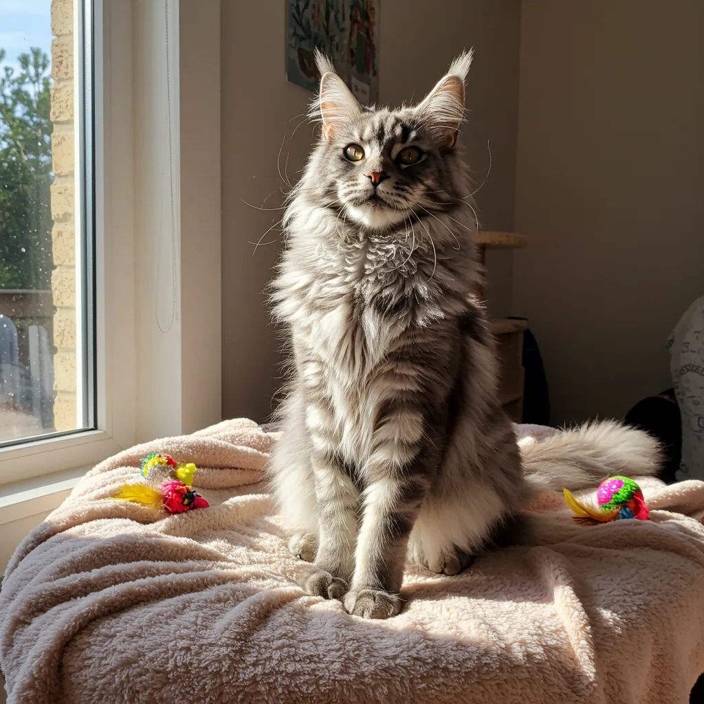  Maine Coon cat sitting upright on a blanket, relaxed in a sunny room.