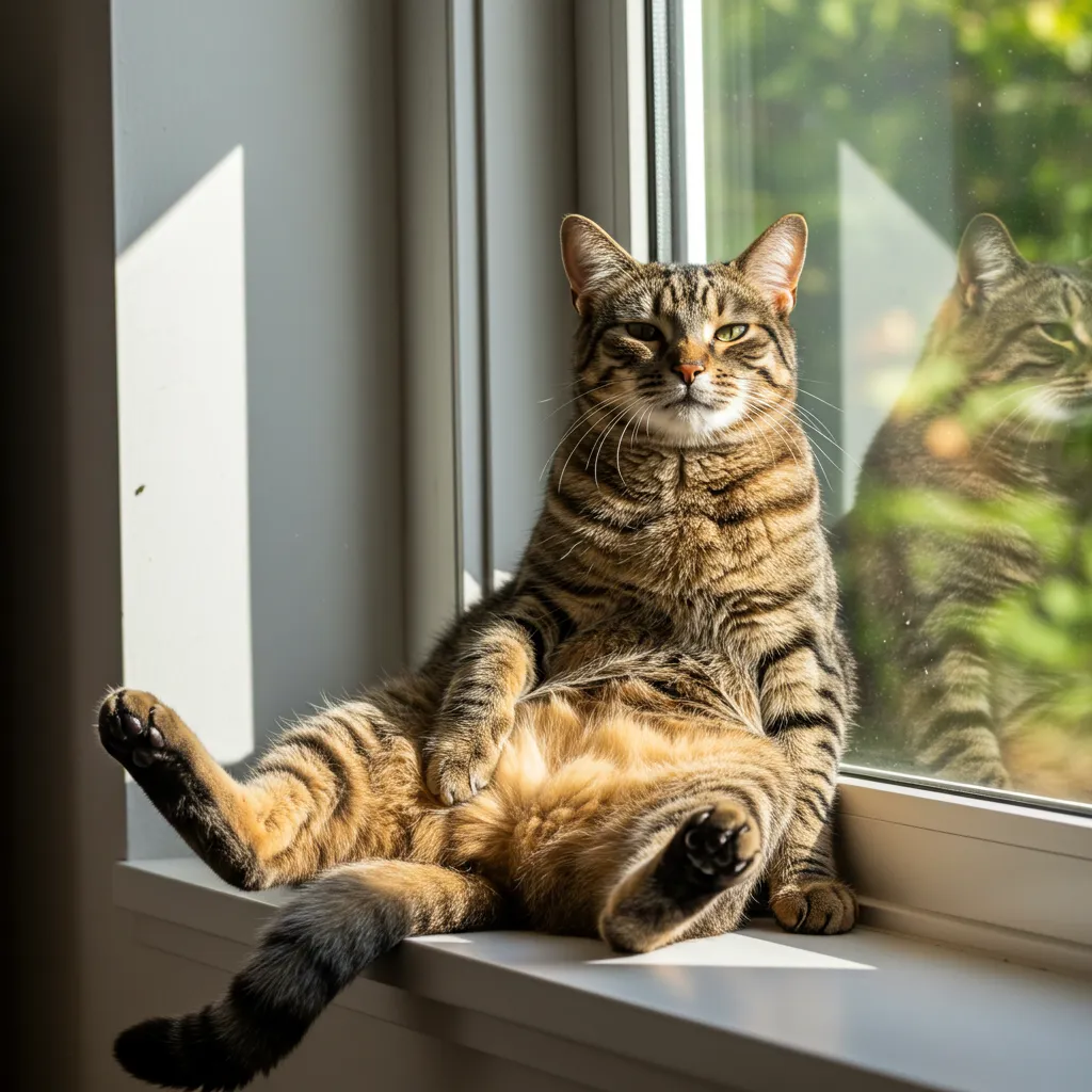 Tabby cat sitting upright on a windowsill, showing trust with a relaxed posture.