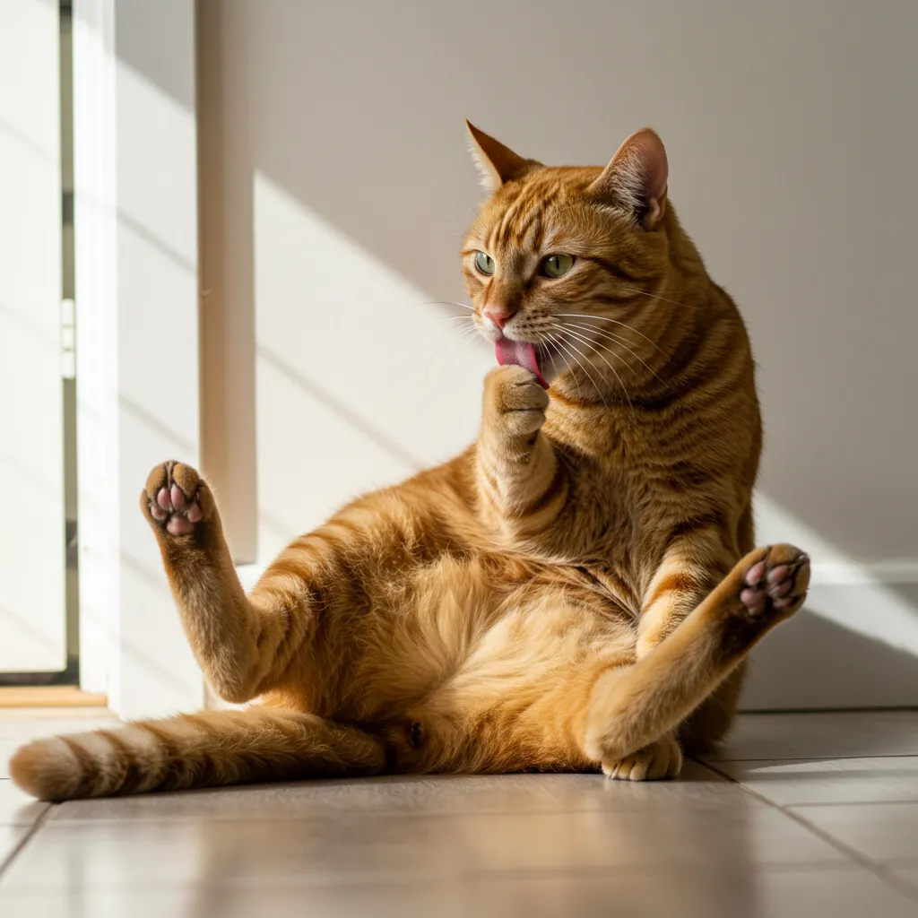 Orange tabby cat grooming while sitting upright, showing functional posture.