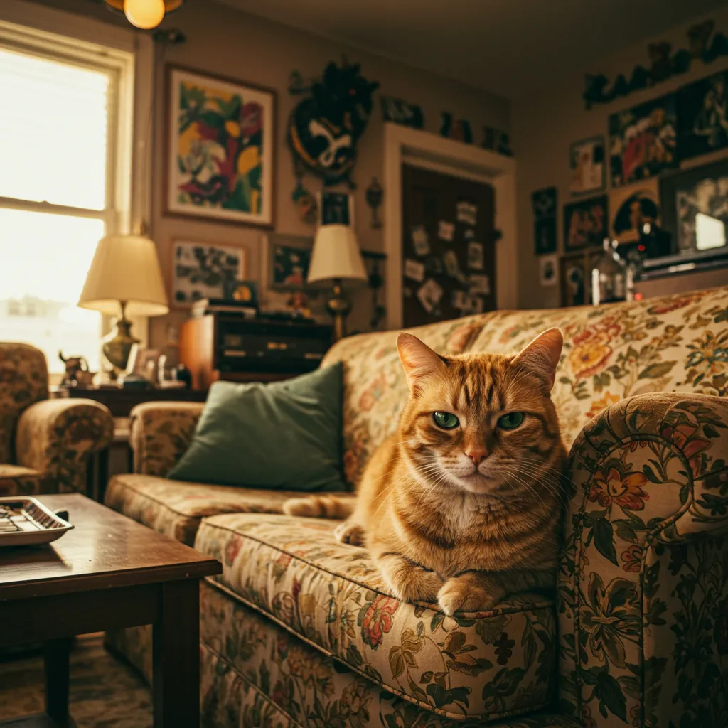  Grumpy orange cat sitting like a human on a couch, embodying quirky relaxation.