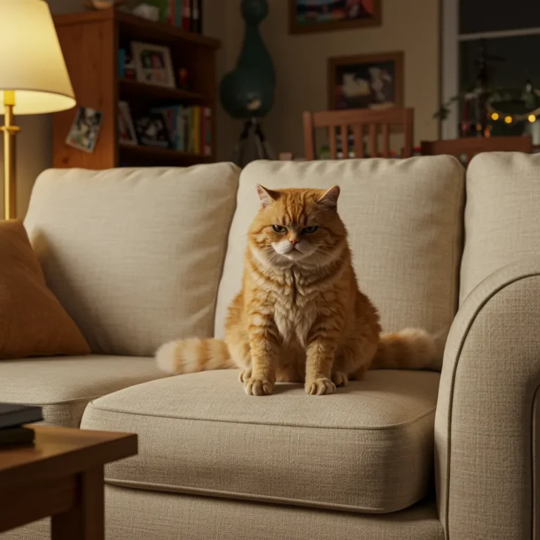 Grumpy orange cat sitting like a human on a couch, embodying quirky relaxation.