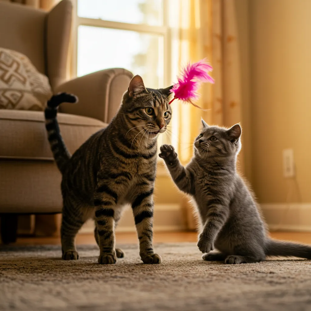 Playful tabby cat and kitten enjoying a feather toy, showing positive cat compatibility signs.