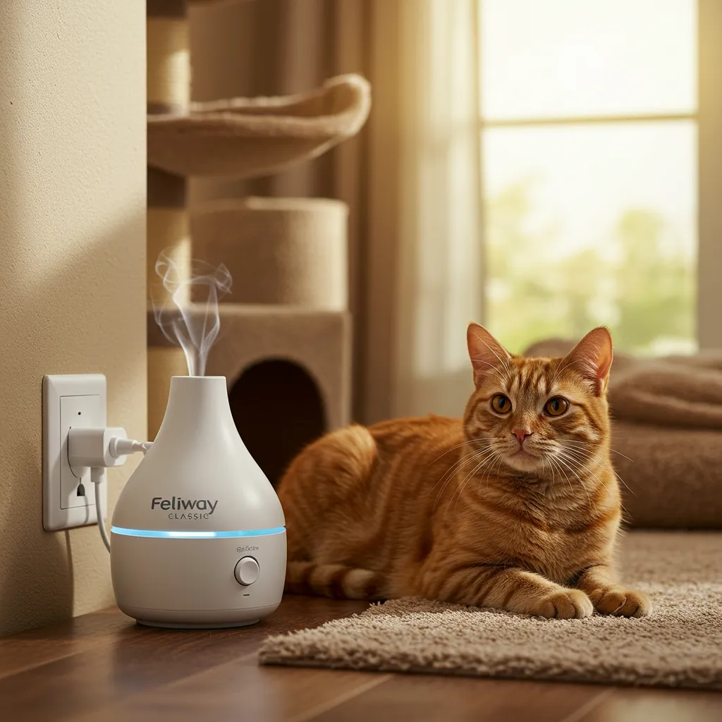 Feliway Classic diffuser calming cats during new kitten introduction.