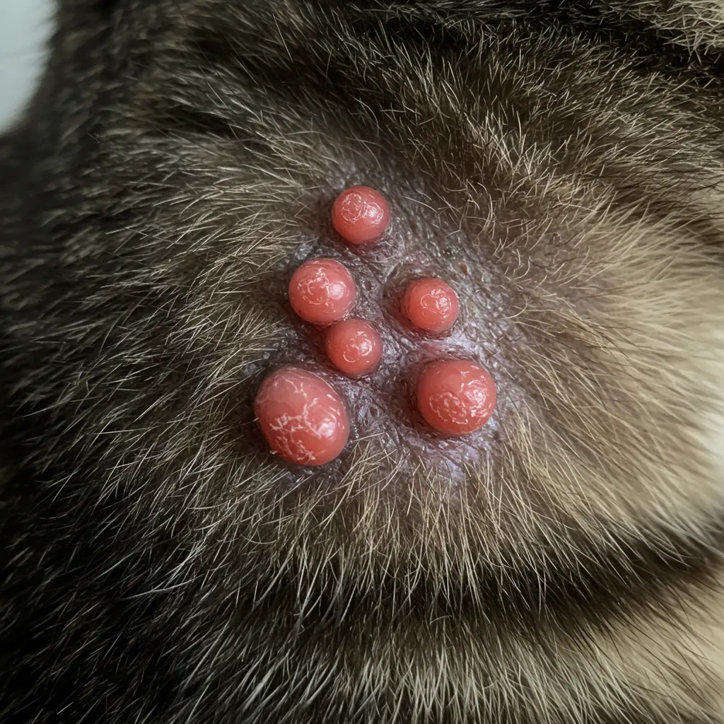 Close-up of a cat’s neck with small, red, crusty bumps under the fur, indicating possible allergies or infections.