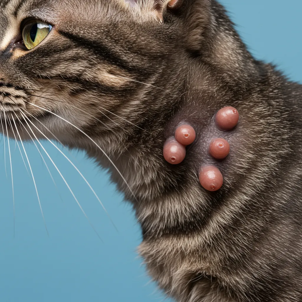 Benign mast cell tumors on a cat’s neck, appearing as raised, pink bumps